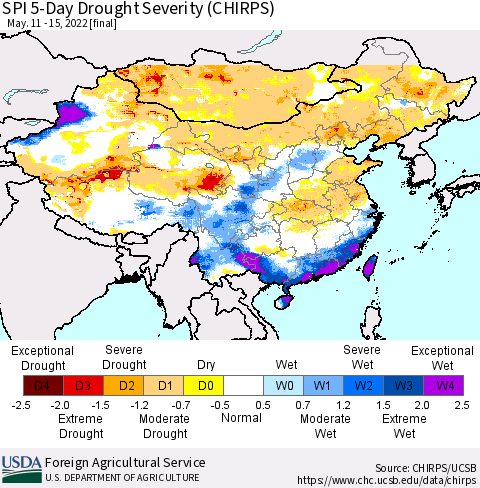 China, Mongolia and Taiwan SPI 5-Day Drought Severity (CHIRPS) Thematic Map For 5/11/2022 - 5/15/2022