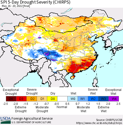 China, Mongolia and Taiwan SPI 5-Day Drought Severity (CHIRPS) Thematic Map For 5/16/2022 - 5/20/2022