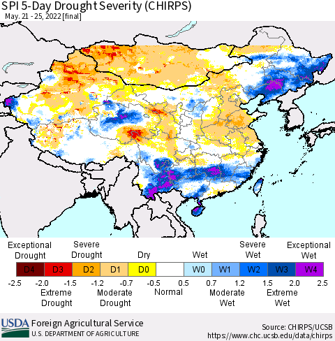 China, Mongolia and Taiwan SPI 5-Day Drought Severity (CHIRPS) Thematic Map For 5/21/2022 - 5/25/2022