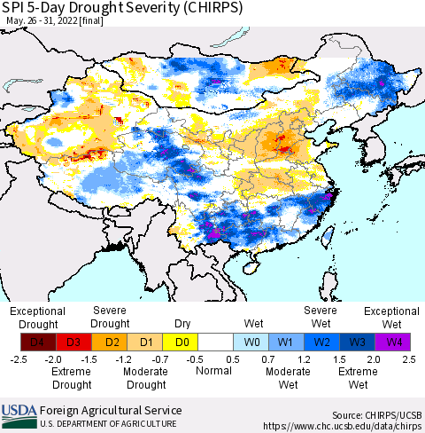 China, Mongolia and Taiwan SPI 5-Day Drought Severity (CHIRPS) Thematic Map For 5/26/2022 - 5/31/2022