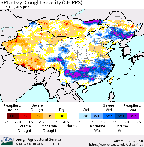 China, Mongolia and Taiwan SPI 5-Day Drought Severity (CHIRPS) Thematic Map For 6/1/2022 - 6/5/2022