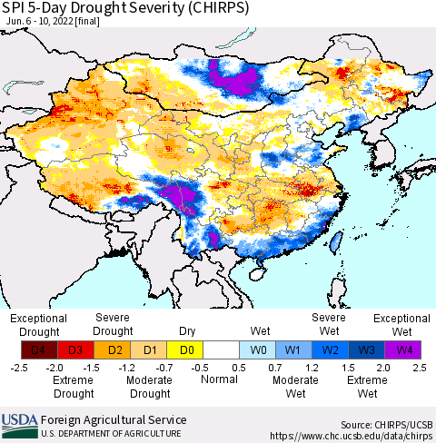 China, Mongolia and Taiwan SPI 5-Day Drought Severity (CHIRPS) Thematic Map For 6/6/2022 - 6/10/2022