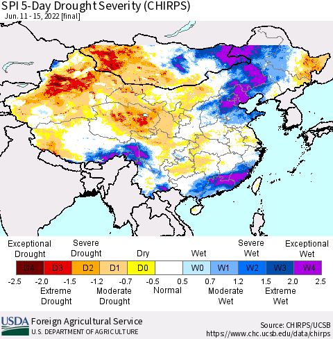 China, Mongolia and Taiwan SPI 5-Day Drought Severity (CHIRPS) Thematic Map For 6/11/2022 - 6/15/2022