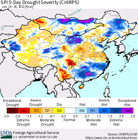 China, Mongolia and Taiwan SPI 5-Day Drought Severity (CHIRPS) Thematic Map For 6/16/2022 - 6/20/2022