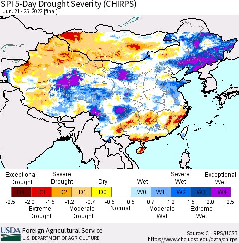 China, Mongolia and Taiwan SPI 5-Day Drought Severity (CHIRPS) Thematic Map For 6/21/2022 - 6/25/2022