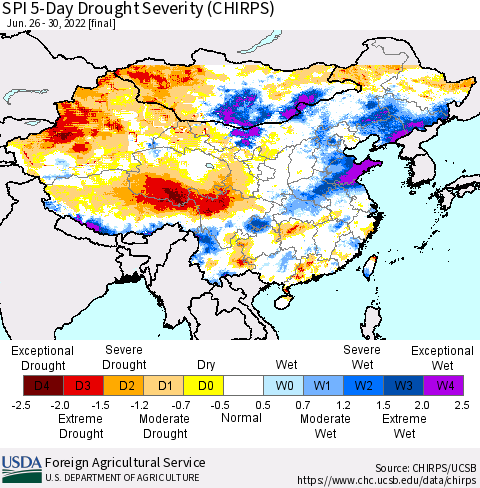 China, Mongolia and Taiwan SPI 5-Day Drought Severity (CHIRPS) Thematic Map For 6/26/2022 - 6/30/2022