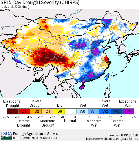 China, Mongolia and Taiwan SPI 5-Day Drought Severity (CHIRPS) Thematic Map For 7/1/2022 - 7/5/2022