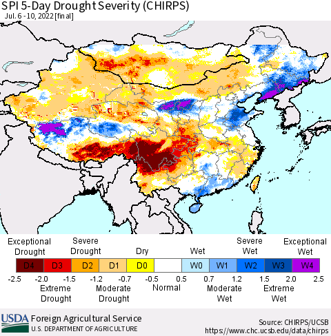 China, Mongolia and Taiwan SPI 5-Day Drought Severity (CHIRPS) Thematic Map For 7/6/2022 - 7/10/2022