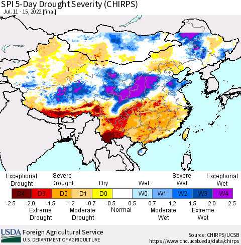 China, Mongolia and Taiwan SPI 5-Day Drought Severity (CHIRPS) Thematic Map For 7/11/2022 - 7/15/2022