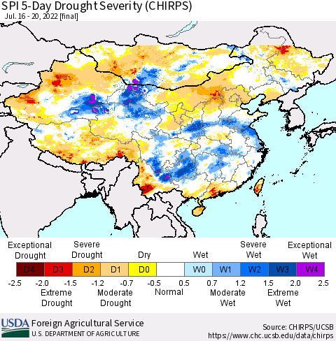 China, Mongolia and Taiwan SPI 5-Day Drought Severity (CHIRPS) Thematic Map For 7/16/2022 - 7/20/2022