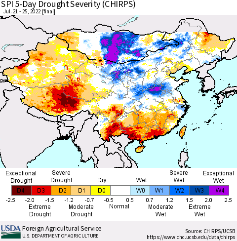 China, Mongolia and Taiwan SPI 5-Day Drought Severity (CHIRPS) Thematic Map For 7/21/2022 - 7/25/2022
