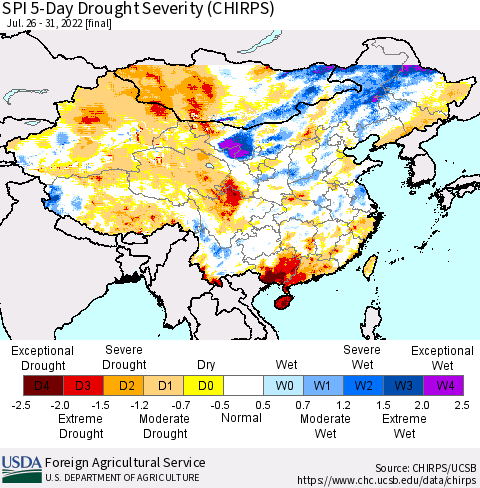China, Mongolia and Taiwan SPI 5-Day Drought Severity (CHIRPS) Thematic Map For 7/26/2022 - 7/31/2022