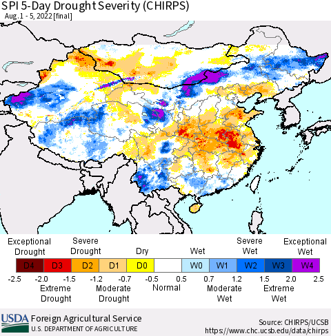 China, Mongolia and Taiwan SPI 5-Day Drought Severity (CHIRPS) Thematic Map For 8/1/2022 - 8/5/2022