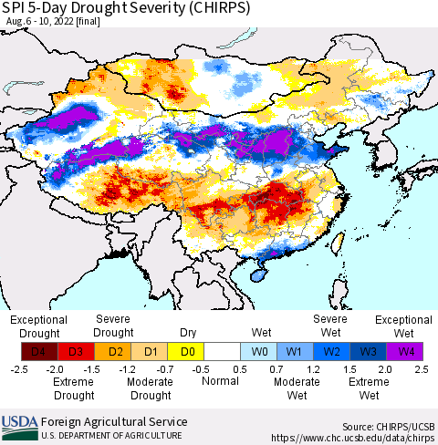 China, Mongolia and Taiwan SPI 5-Day Drought Severity (CHIRPS) Thematic Map For 8/6/2022 - 8/10/2022
