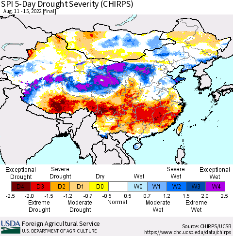 China, Mongolia and Taiwan SPI 5-Day Drought Severity (CHIRPS) Thematic Map For 8/11/2022 - 8/15/2022