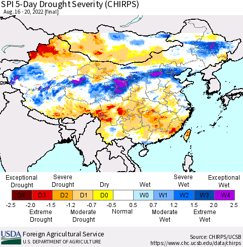 China, Mongolia and Taiwan SPI 5-Day Drought Severity (CHIRPS) Thematic Map For 8/16/2022 - 8/20/2022