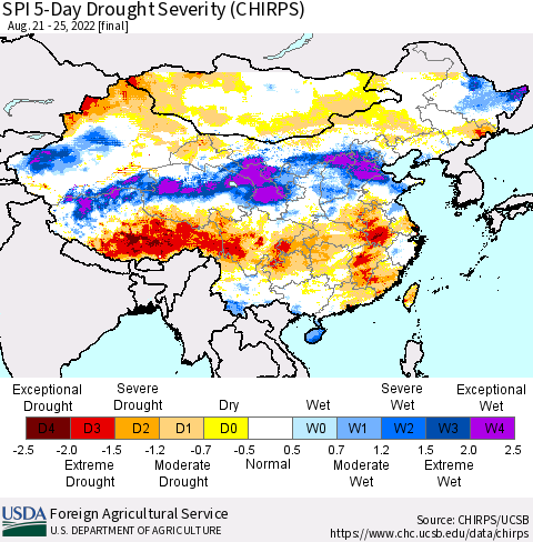 China, Mongolia and Taiwan SPI 5-Day Drought Severity (CHIRPS) Thematic Map For 8/21/2022 - 8/25/2022