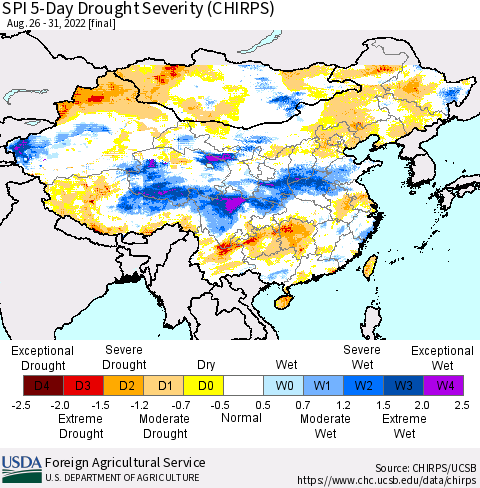 China, Mongolia and Taiwan SPI 5-Day Drought Severity (CHIRPS) Thematic Map For 8/26/2022 - 8/31/2022