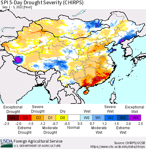 China, Mongolia and Taiwan SPI 5-Day Drought Severity (CHIRPS) Thematic Map For 9/1/2022 - 9/5/2022