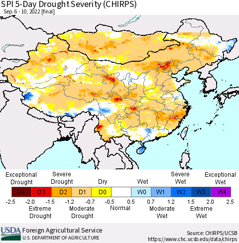 China, Mongolia and Taiwan SPI 5-Day Drought Severity (CHIRPS) Thematic Map For 9/6/2022 - 9/10/2022