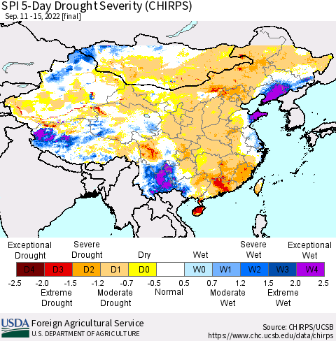 China, Mongolia and Taiwan SPI 5-Day Drought Severity (CHIRPS) Thematic Map For 9/11/2022 - 9/15/2022