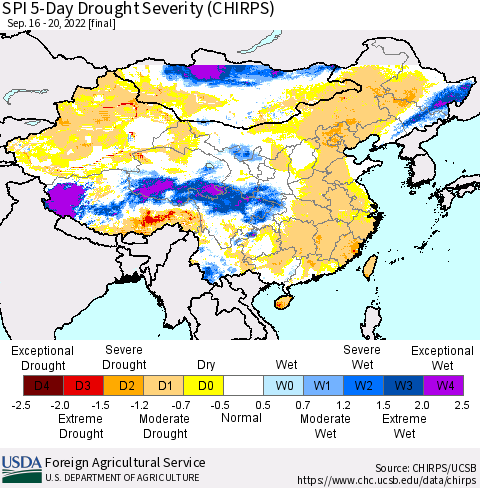 China, Mongolia and Taiwan SPI 5-Day Drought Severity (CHIRPS) Thematic Map For 9/16/2022 - 9/20/2022