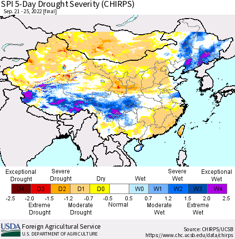 China, Mongolia and Taiwan SPI 5-Day Drought Severity (CHIRPS) Thematic Map For 9/21/2022 - 9/25/2022