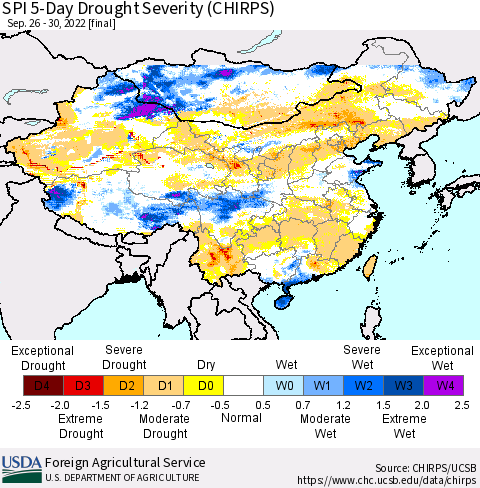 China, Mongolia and Taiwan SPI 5-Day Drought Severity (CHIRPS) Thematic Map For 9/26/2022 - 9/30/2022