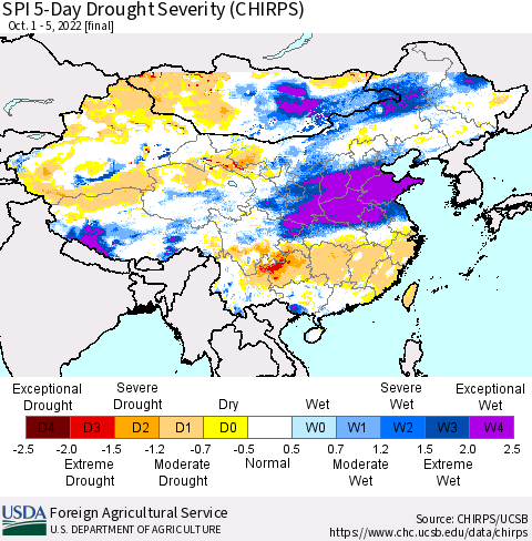 China, Mongolia and Taiwan SPI 5-Day Drought Severity (CHIRPS) Thematic Map For 10/1/2022 - 10/5/2022