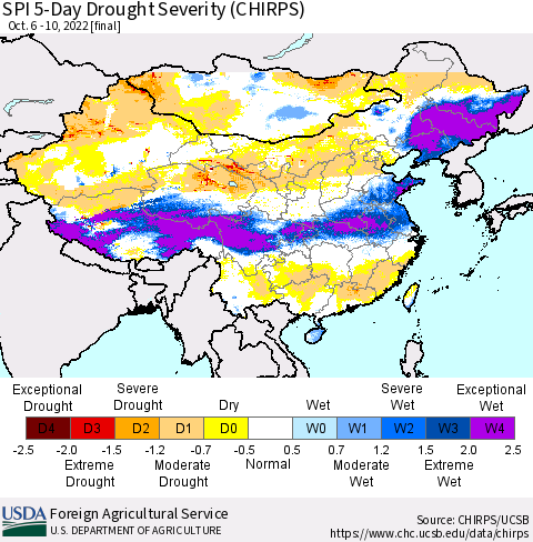 China, Mongolia and Taiwan SPI 5-Day Drought Severity (CHIRPS) Thematic Map For 10/6/2022 - 10/10/2022