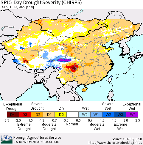 China, Mongolia and Taiwan SPI 5-Day Drought Severity (CHIRPS) Thematic Map For 10/11/2022 - 10/15/2022