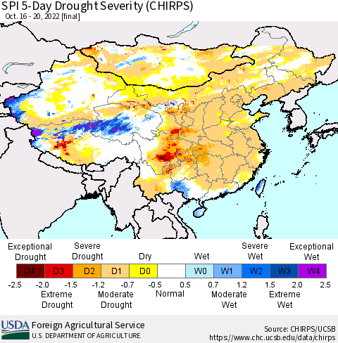 China, Mongolia and Taiwan SPI 5-Day Drought Severity (CHIRPS) Thematic Map For 10/16/2022 - 10/20/2022