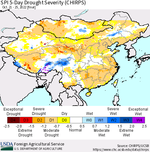 China, Mongolia and Taiwan SPI 5-Day Drought Severity (CHIRPS) Thematic Map For 10/21/2022 - 10/25/2022