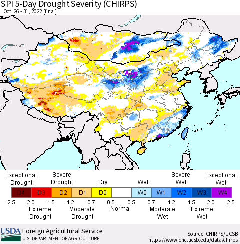 China, Mongolia and Taiwan SPI 5-Day Drought Severity (CHIRPS) Thematic Map For 10/26/2022 - 10/31/2022