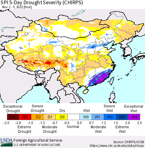 China, Mongolia and Taiwan SPI 5-Day Drought Severity (CHIRPS) Thematic Map For 11/1/2022 - 11/5/2022