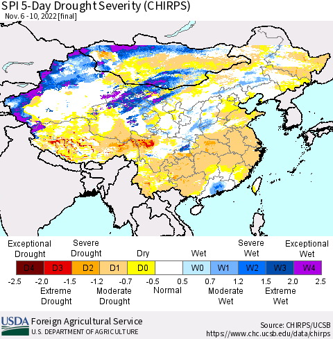 China, Mongolia and Taiwan SPI 5-Day Drought Severity (CHIRPS) Thematic Map For 11/6/2022 - 11/10/2022