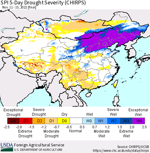 China, Mongolia and Taiwan SPI 5-Day Drought Severity (CHIRPS) Thematic Map For 11/11/2022 - 11/15/2022