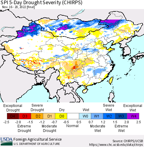China, Mongolia and Taiwan SPI 5-Day Drought Severity (CHIRPS) Thematic Map For 11/16/2022 - 11/20/2022