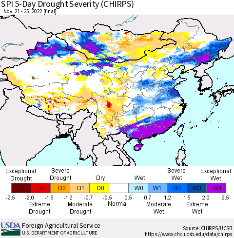 China, Mongolia and Taiwan SPI 5-Day Drought Severity (CHIRPS) Thematic Map For 11/21/2022 - 11/25/2022