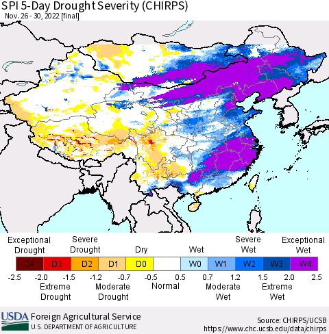 China, Mongolia and Taiwan SPI 5-Day Drought Severity (CHIRPS) Thematic Map For 11/26/2022 - 11/30/2022