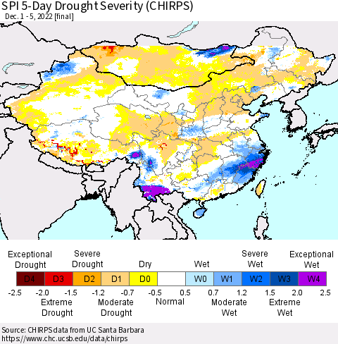 China, Mongolia and Taiwan SPI 5-Day Drought Severity (CHIRPS) Thematic Map For 12/1/2022 - 12/5/2022