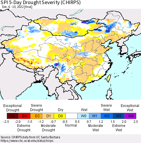 China, Mongolia and Taiwan SPI 5-Day Drought Severity (CHIRPS) Thematic Map For 12/6/2022 - 12/10/2022