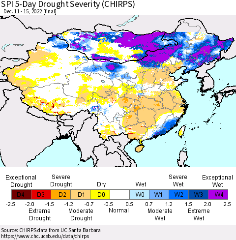 China, Mongolia and Taiwan SPI 5-Day Drought Severity (CHIRPS) Thematic Map For 12/11/2022 - 12/15/2022