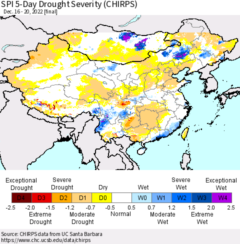 China, Mongolia and Taiwan SPI 5-Day Drought Severity (CHIRPS) Thematic Map For 12/16/2022 - 12/20/2022