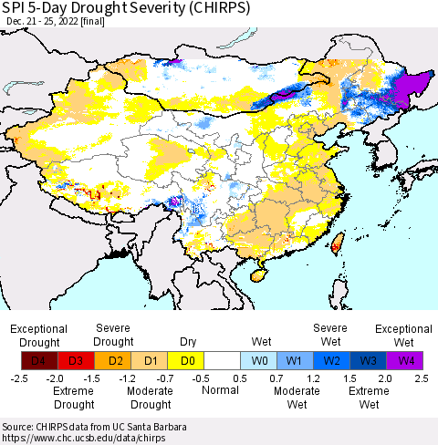 China, Mongolia and Taiwan SPI 5-Day Drought Severity (CHIRPS) Thematic Map For 12/21/2022 - 12/25/2022
