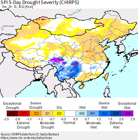 China, Mongolia and Taiwan SPI 5-Day Drought Severity (CHIRPS) Thematic Map For 12/26/2022 - 12/31/2022