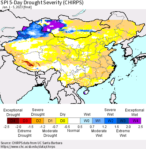 China, Mongolia and Taiwan SPI 5-Day Drought Severity (CHIRPS) Thematic Map For 1/1/2023 - 1/5/2023