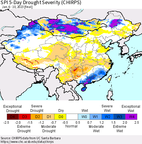 China, Mongolia and Taiwan SPI 5-Day Drought Severity (CHIRPS) Thematic Map For 1/6/2023 - 1/10/2023