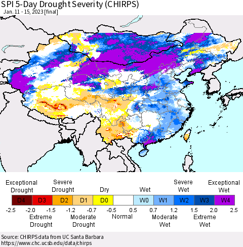 China, Mongolia and Taiwan SPI 5-Day Drought Severity (CHIRPS) Thematic Map For 1/11/2023 - 1/15/2023