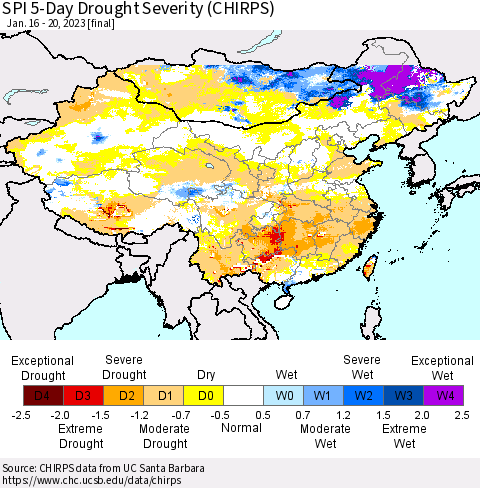 China, Mongolia and Taiwan SPI 5-Day Drought Severity (CHIRPS) Thematic Map For 1/16/2023 - 1/20/2023